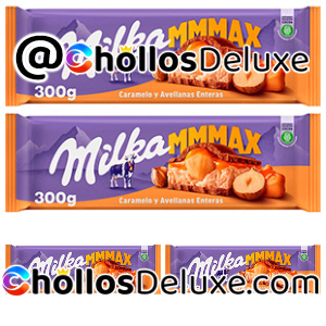 4x Milka MMMAX Tableta Grande de Chocolate con Leche con Avellanas Enteras, Relleno Líquido de Caramelo y Crema de Leche Sabor Caramelo
